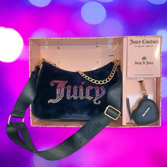 Juicy Couture Black Licorice Pink Rhinestone Handbag Bag & Heart Coin Purse Set - Picture 11 of 11